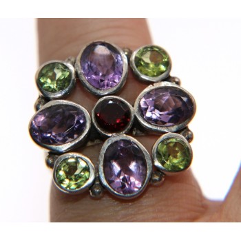 NSA|Argento 925 : Anello Quadrato Ametista Peridoto Granato mis. 15