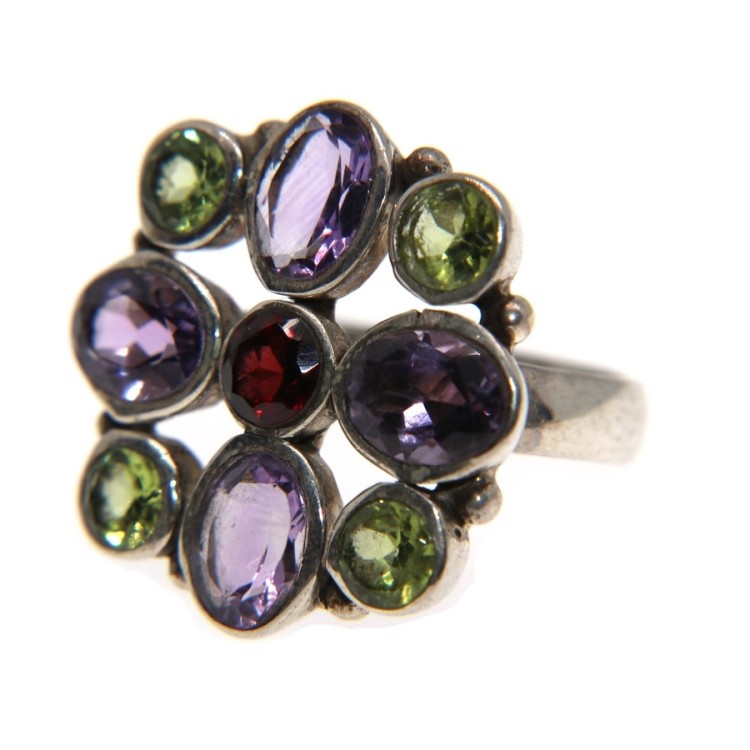 NSA|Anello argento 925 Ametista Peridoto Granato naturali misura 15 quadrato donna etnico
