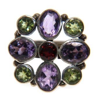 NSA|Anello argento 925 Ametista Peridoto Granato naturali misura 15 quadrato donna etnico