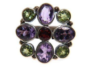 NSA|Anello argento 925 Ametista Peridoto Granato naturali misura 15 quadrato donna etnico