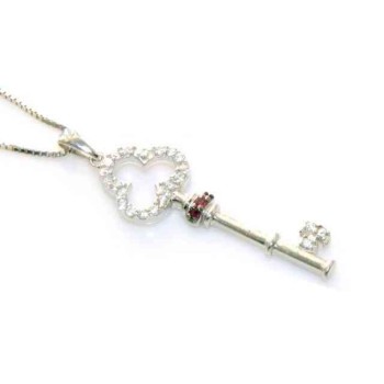 NSA|fine silver : Women's Necklace with pendant key zirconia white and dark pink