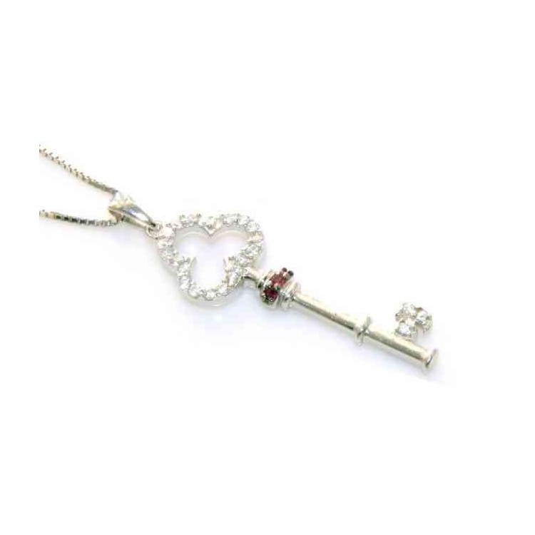 NSA|fine silver : Women's Necklace with pendant key zirconia white and dark pink