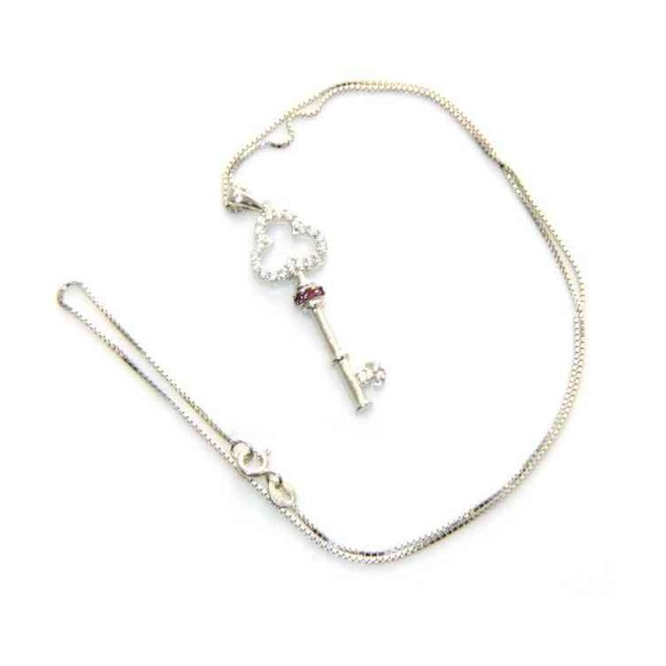 NSA|fine silver : Women's Necklace with pendant key zirconia white and dark pink