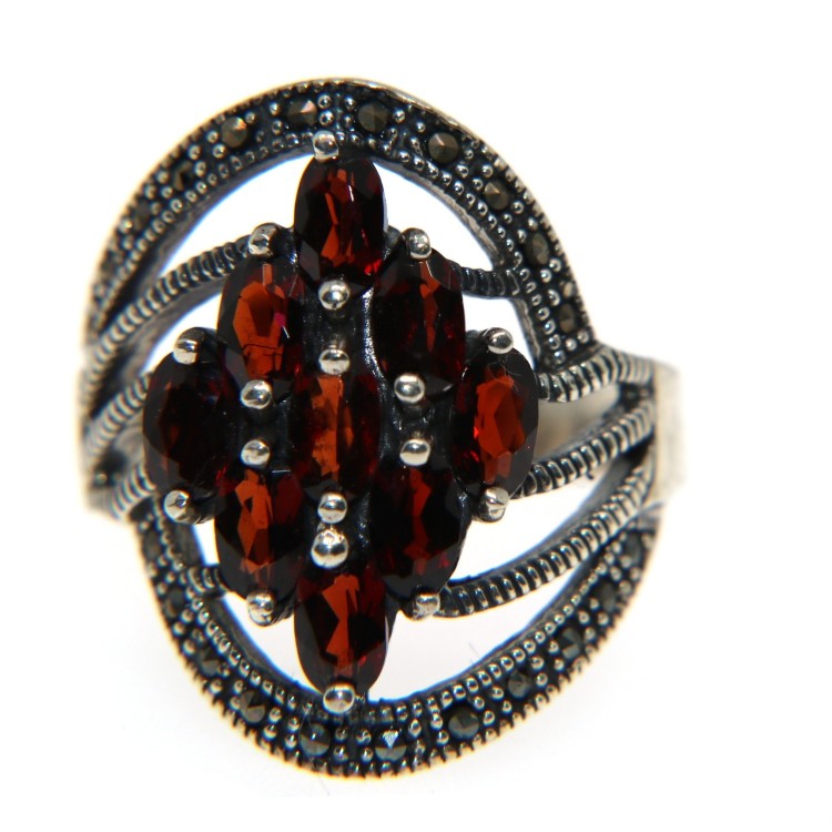 NSA|925 silver ring Hydrothermal crystal navette marcasite size 18