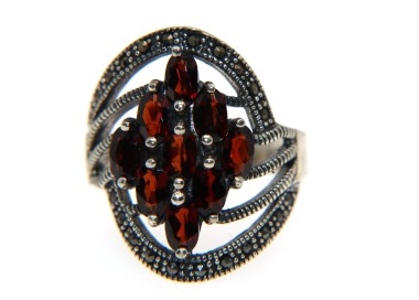 NSA|925 silver ring Hydrothermal crystal navette marcasite size 18