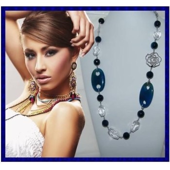 NSA|Long Necklace Silver 925 Pearls Crystal Blue Agate and glass 87cm