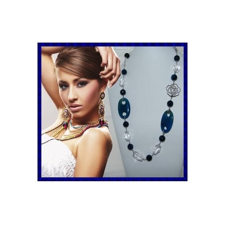 NSA|Lunga Collana Argento 925 Perle Cristallo Agata blu e vetro