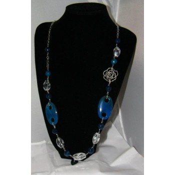 NSA|Long Necklace Silver 925 Pearls Crystal Blue Agate and glass 87cm
