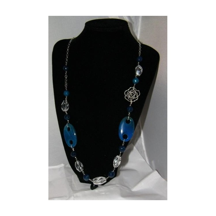 NSA|Long Necklace Silver 925 Pearls Crystal Blue Agate and glass 87cm