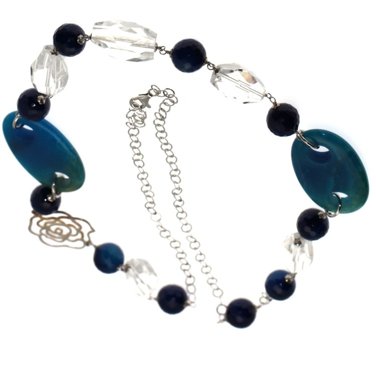 NSA|Long Necklace Silver 925 Pearls Crystal Blue Agate and glass 87cm