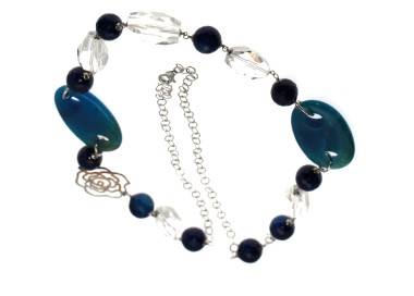 NSA|Lunga Collana Argento 925 Perle Cristallo Agata blu e vetro 87cm