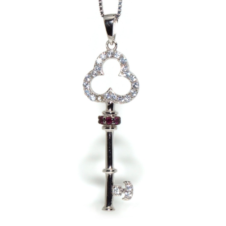 NSA|fine silver : Women's Necklace with pendant key zirconia white and dark pink