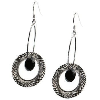 NSA|925 silver earrings with engraved circle pendants and black zircon