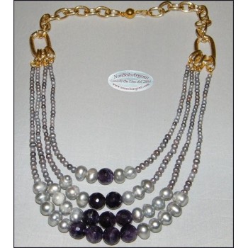 NSA|Girocollo acciaio gold con ametista  e perle coltivate