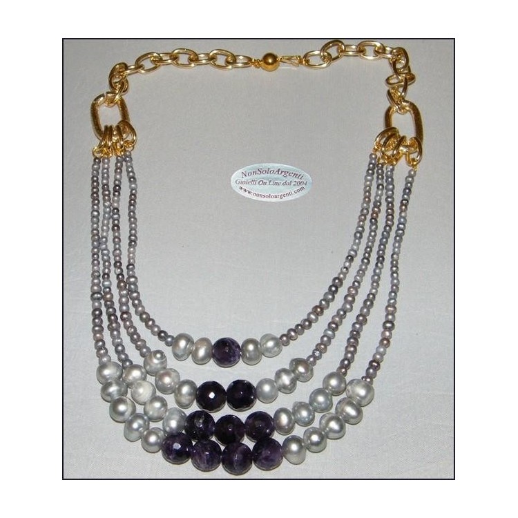 NSA|Girocollo acciaio gold con ametista  e perle coltivate