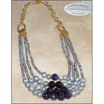 NSA|Girocollo acciaio gold con ametista  e perle coltivate