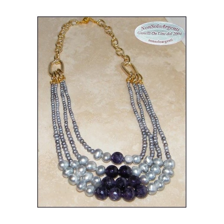 NSA|Girocollo acciaio gold con ametista  e perle coltivate