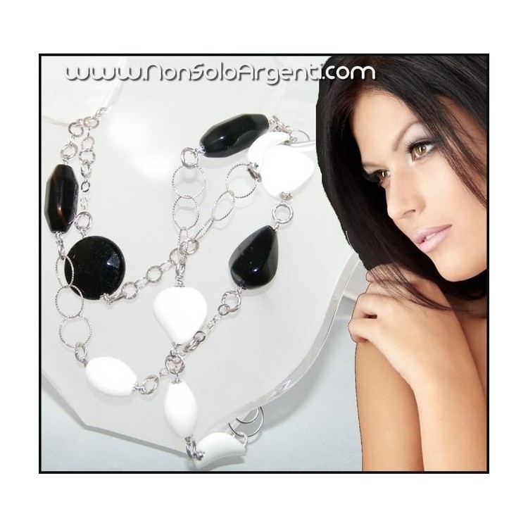 NSA|Collana da donna in ARGENTO 925 Italiano realizzato a Mano con Onice e agata bianca naturali