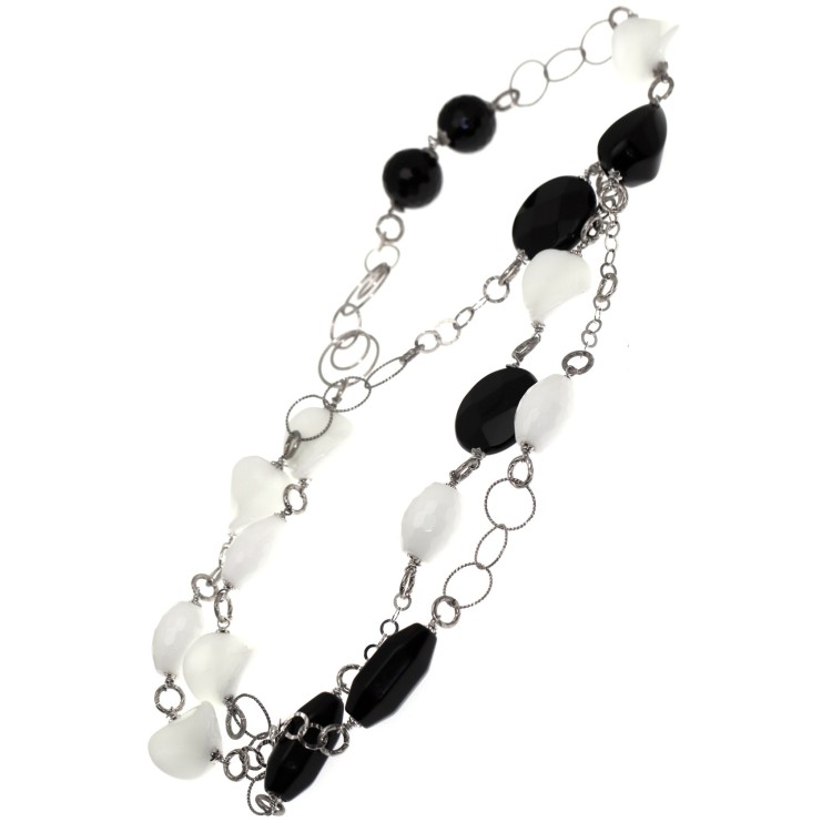 NSA|925 silver necklace Onyx and natural white agate 80 cm long