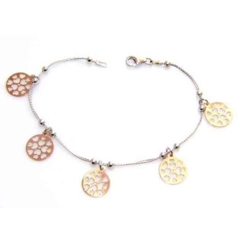 NSA|Fine Silver 925 : woman bracelet double wire and balls 2 color medals engraved heart