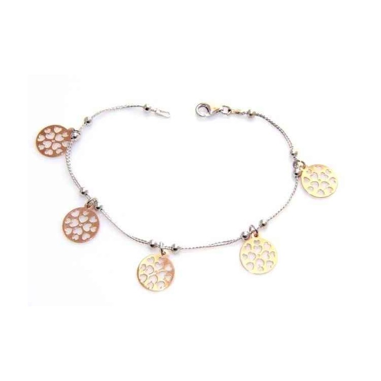 NSA|Fine Silver 925 : woman bracelet double wire and balls 2 color medals engraved heart