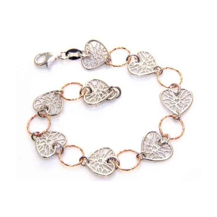 NSA|Fine Silver 925 : woman bracelet double color hearts laser cutting  and diamond's' rings