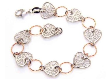 NSA|Fine Silver 925 : woman bracelet double color hearts laser cutting  and diamond's' rings
