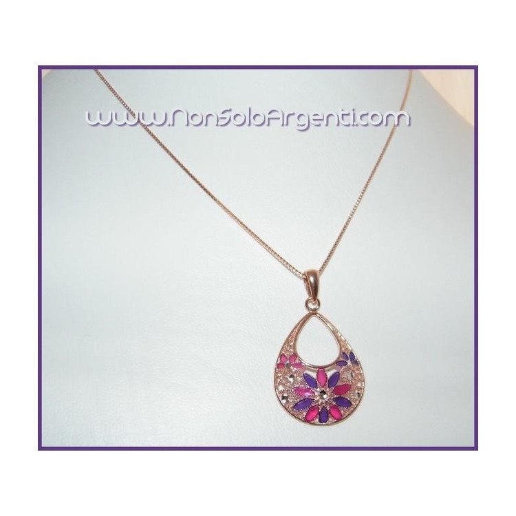 NSA|ARGENTO 925: Girocollo rose' effetto oro con ciondolo lilla e fucsia