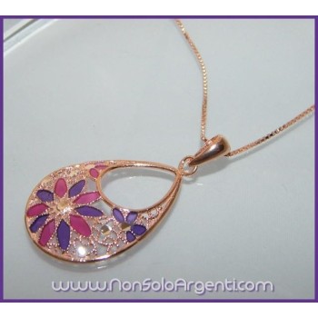 NSA|ARGENTO 925: Girocollo rose' effetto oro con ciondolo lilla e fucsia