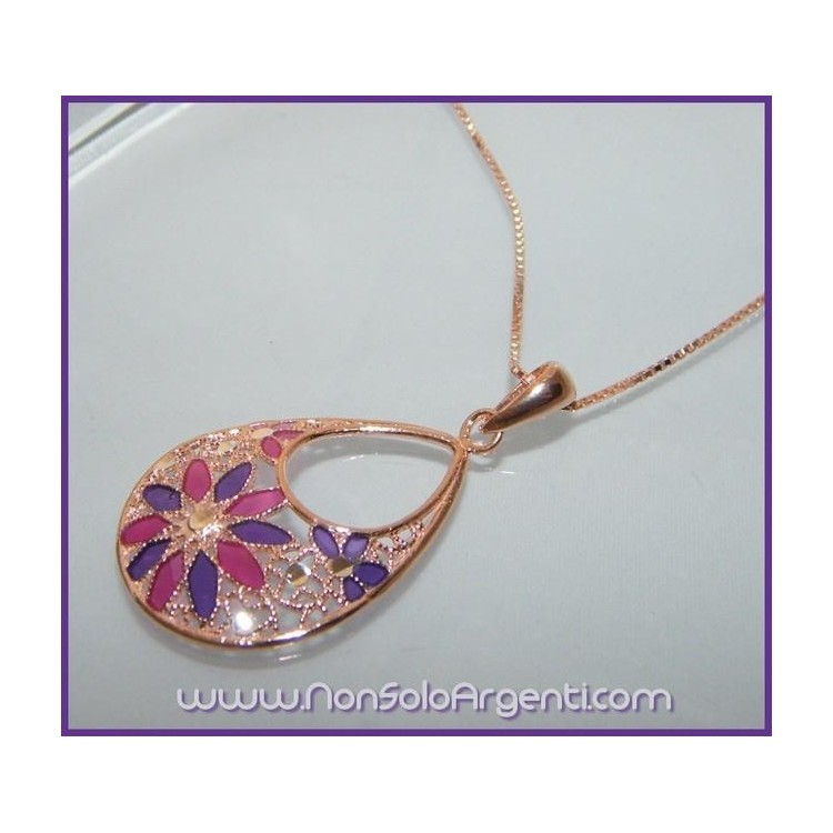 NSA|ARGENTO 925: Girocollo rose' effetto oro con ciondolo lilla e fucsia