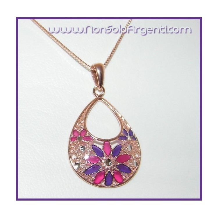 NSA|ARGENTO 925: Girocollo rose' effetto oro con ciondolo lilla e fucsia