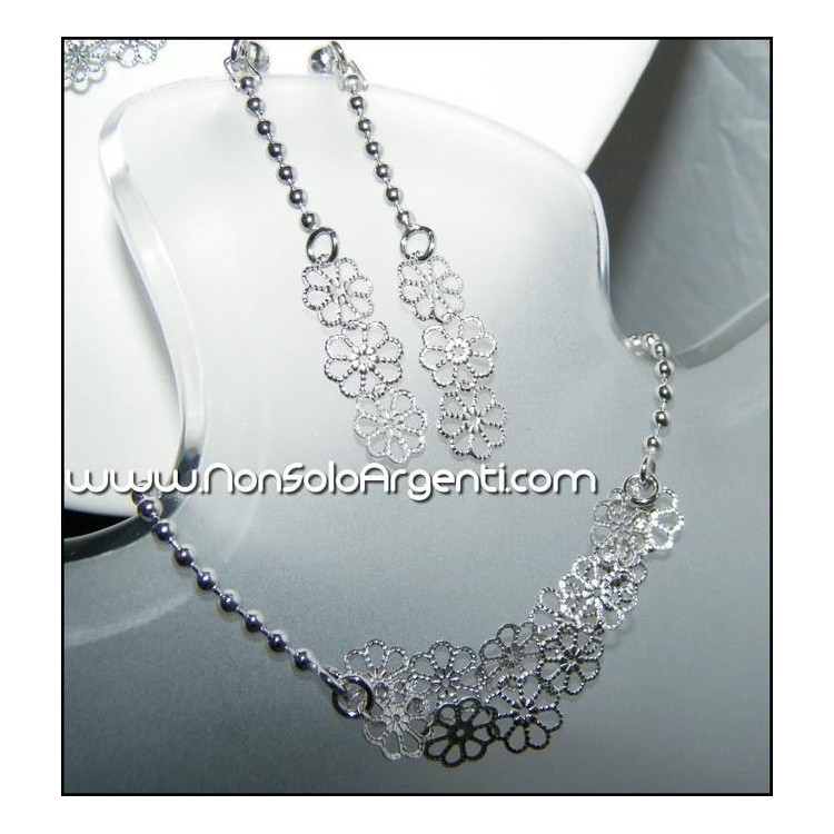 NSA|Argento 925 : Demi Parure Pallini e Fiori Orecchini e Bracciale