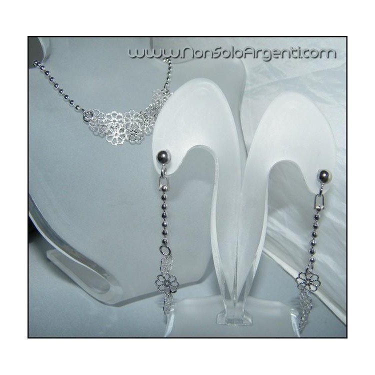 NSA|Argento 925 : Demi Parure Pallini e Fiori Orecchini e Bracciale