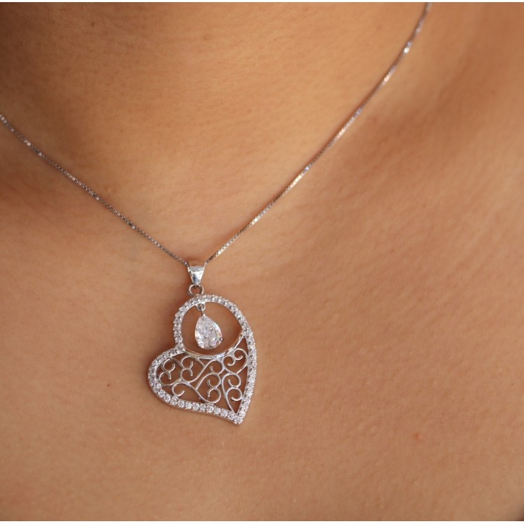 NSA|925 silver choker necklace with cubic zirconia arabesque heart pendant