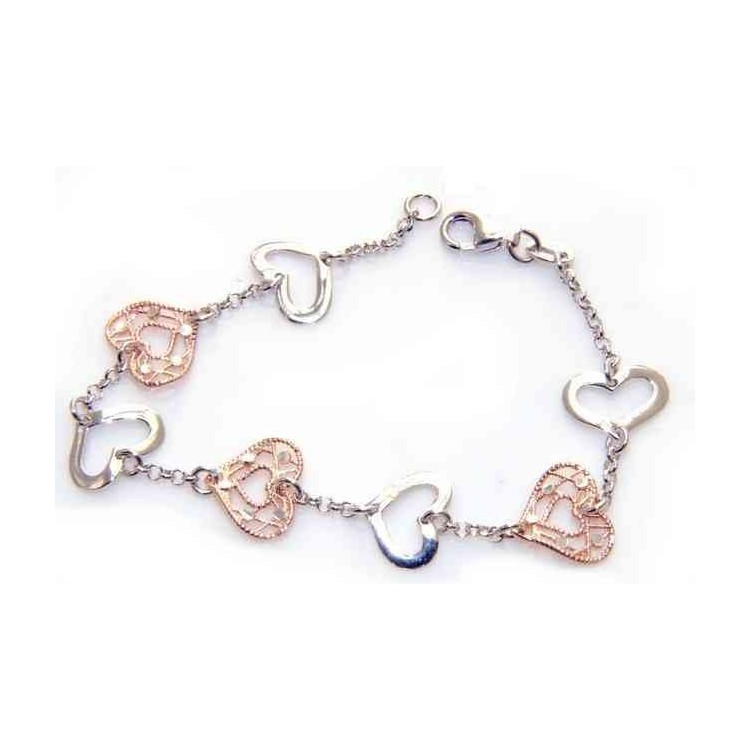 NSA|Fine Silver 925 : woman bracelet double color hearts laser cutting and glossy hearts