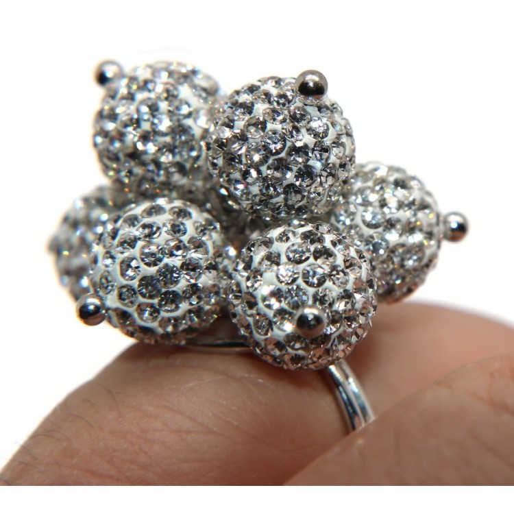 NSA|Argento 925 : Anello regolabile con 7 ciondoli a sfera di zirconia Bianchi