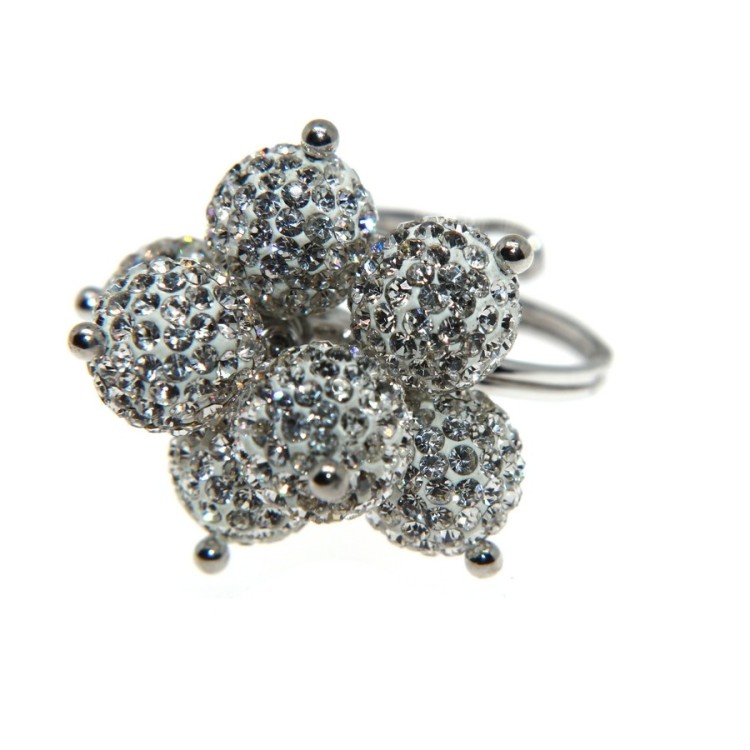 NSA|Argento 925 : Anello regolabile con 7 ciondoli a sfera di zirconia Bianchi grappolo