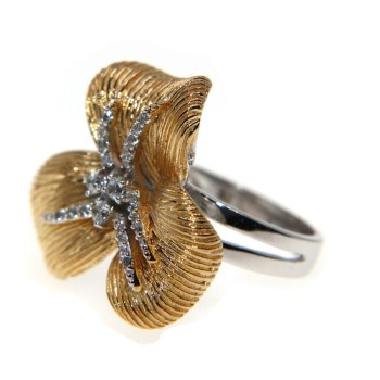 NSA|Argento 925 Rodiato : grande Fiore laminato Oro 750  con zirconi