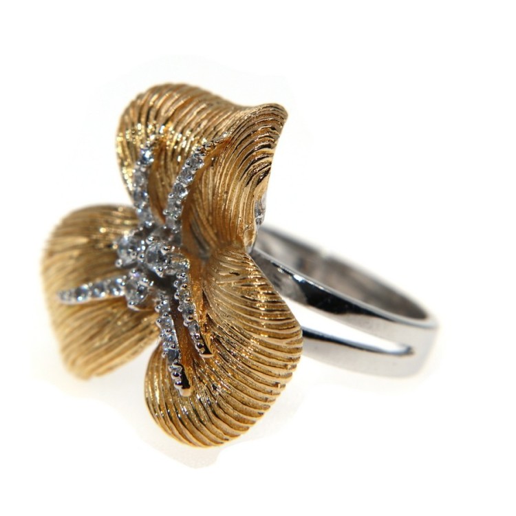 NSA|anello fiore argento 925 placcato oro giallo zirconi per donna