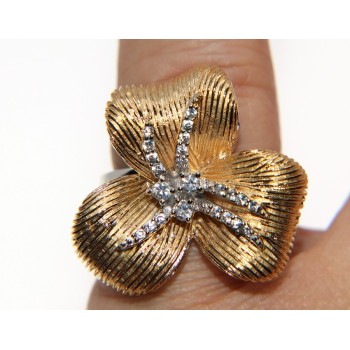 NSA|Argento 925 Rodiato : grande Fiore laminato Oro 750  con zirconi