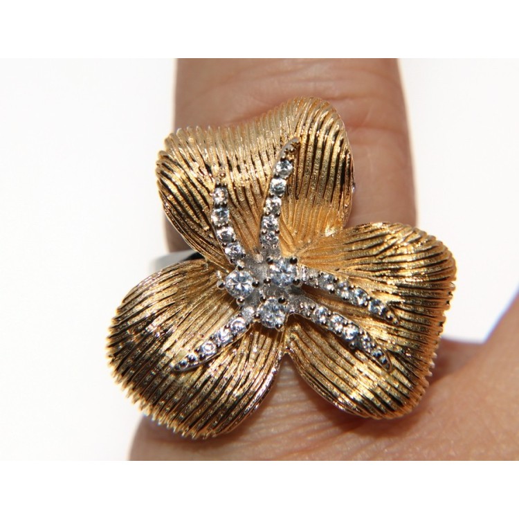 NSA|anello fiore argento 925 placcato oro giallo zirconi per donna
