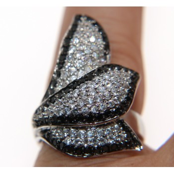 NSA|grande anello argento 925 Foglie Zirconi bianchi neri pavè donna