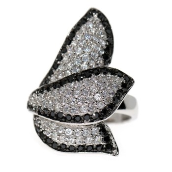 NSA|grande anello argento 925 Foglie Zirconi bianchi neri pavè donna