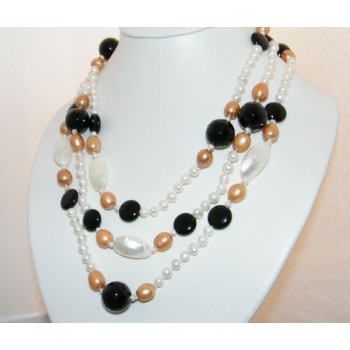 NSA|Women's Long Necklace Pearls, Onyx and Natural Shell