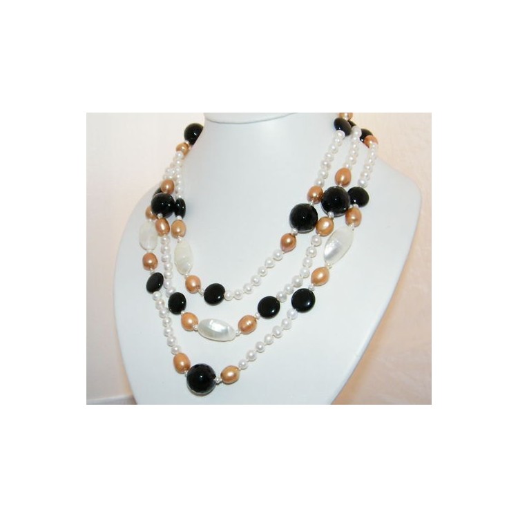 NSA|Women's Long Necklace Pearls, Onyx and Natural Shell