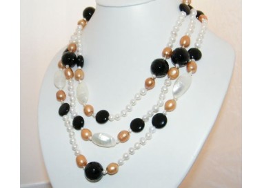 NSA|Women's Long Necklace Pearls, Onyx and Natural Shell