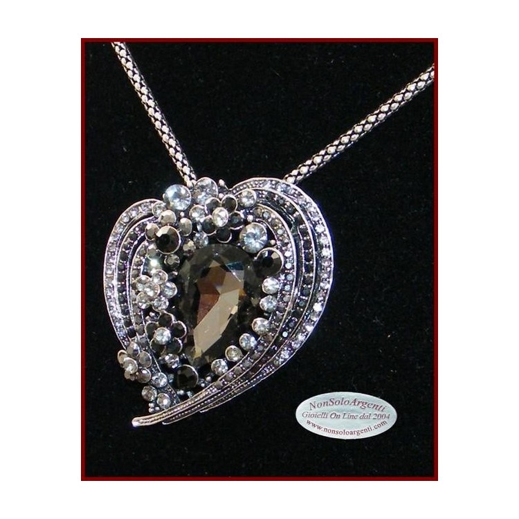 NSA|Bigiotteria : Collana e Spilla da Donna colore Argento Anticato forma Cuore grande di strass Nero e Fumo