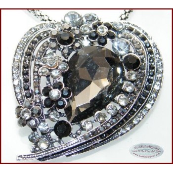 NSA|Bigiotteria : Collana e Spilla da Donna colore Argento Anticato forma Cuore grande di strass Nero e Fumo