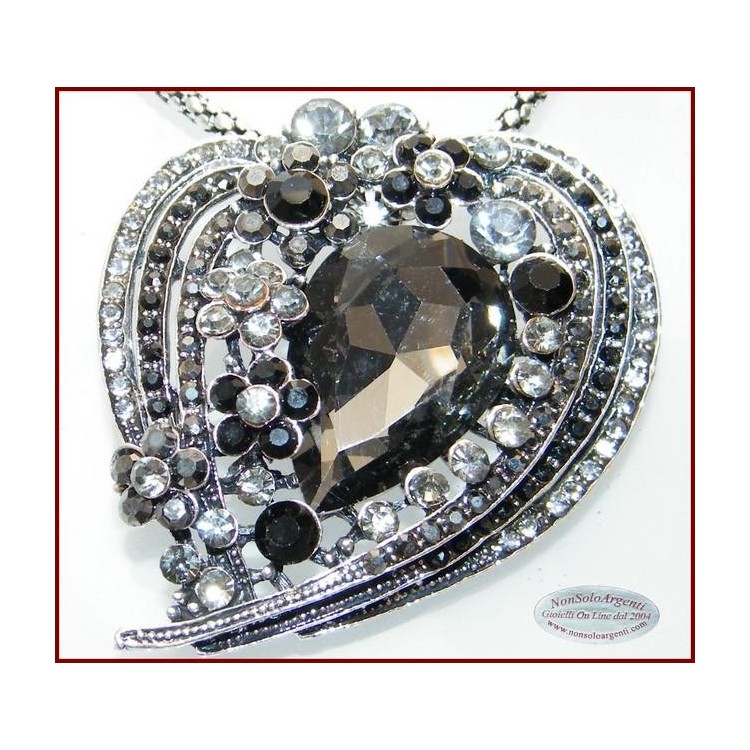 NSA|Bigiotteria : Collana e Spilla da Donna colore Argento Anticato forma Cuore grande di strass Nero e Fumo