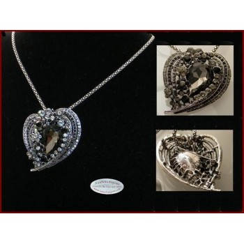 NSA|Bigiotteria : Collana e Spilla da Donna colore Argento Anticato forma Cuore grande di strass Nero e Fumo